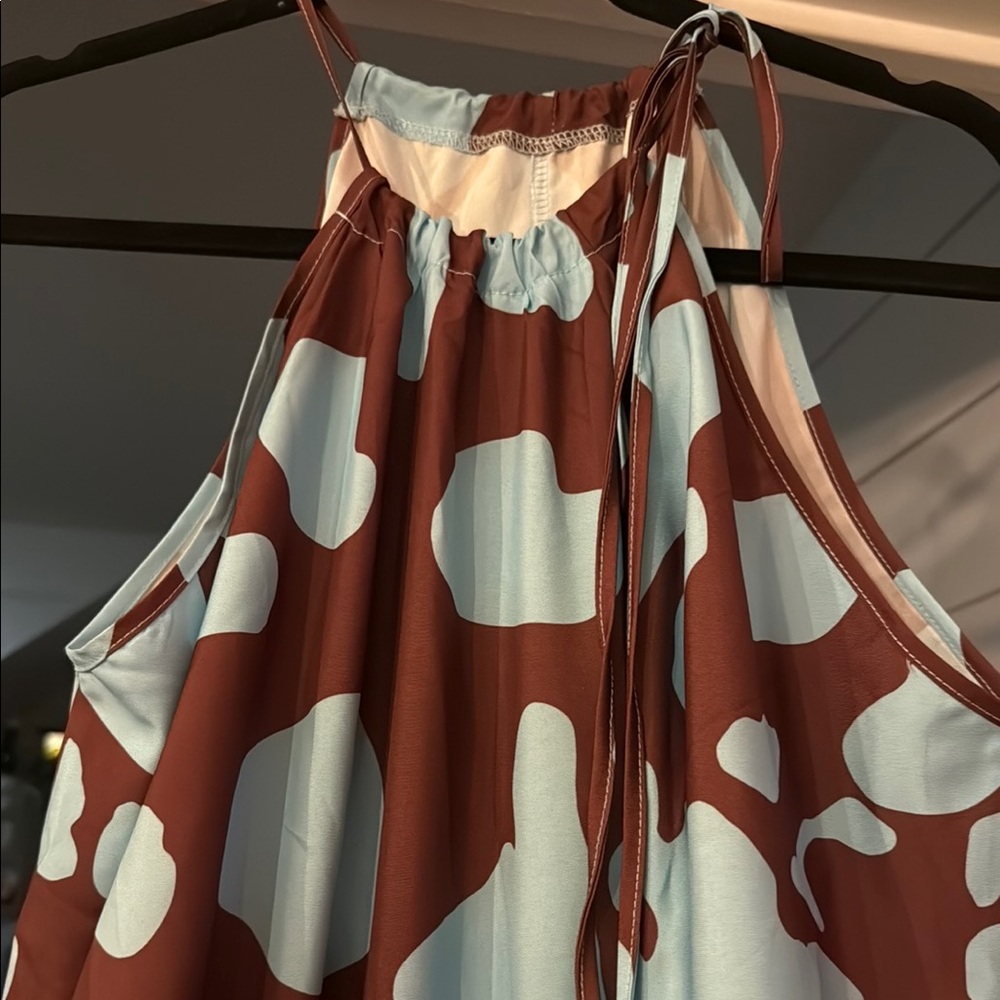 Sheen-Brown and Blue Long Sleeve Mock Wrap Sundress - Picture 5 of 5